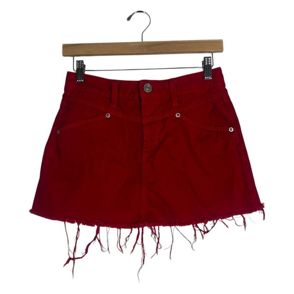 American Eagle Hi-Rise Festival Mini Solid Skirt Red Edgy Frayed Hem Size 2